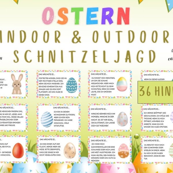 Schnitzeljagd für Ostern, Eiersuche für Kinder, Ostern Schatzsuche drinnen und draußen, Schnitzeljagd zum Ausdrucken PDF