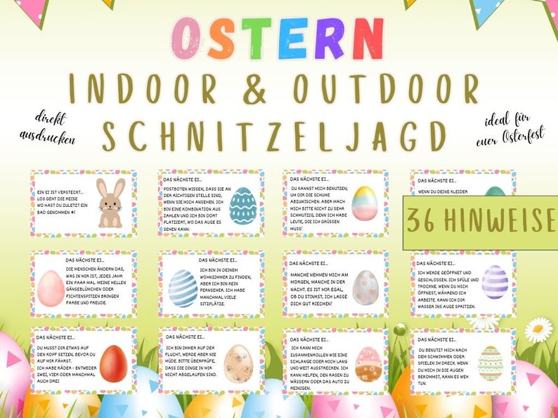 Schnitzeljagd für Ostern, Eiersuche für Kinder, Ostern Schatzsuche drinnen und draußen, Schnitzeljagd zum Ausdrucken PDF Bild 1