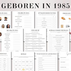 Jeu du 40e anniversaire Né en 1985 Ensemble de jeux | Jeu de fête d’anniversaire imprimable de 40 ans | Jeu de quiz d'anniversaire 1985, Bingo, Quiz