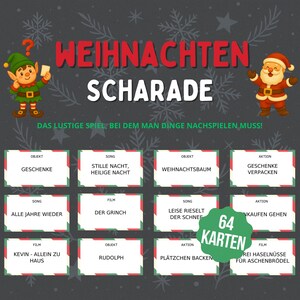 Julcharadspel, 64 mimkort, familjefestspel, utskrivbart julspel för familjen, julspel i PDF