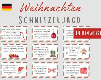May include: A set of 14 colorful Christmas-themed cards with red and green borders. Each card has a different illustration and a short message in German. The cards are titled "Weihnachten Schnitzeljagd" and "14 Hinweise".