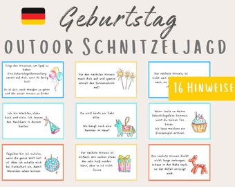 Scavenger hunt for children, outdoor treasure hunt template as PDF, ideal for any children's birthday party, tasks, puzzles to print out in German