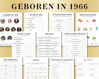 May include: A collection of printable game sheets with the title "GEBOREN IN 1966" in large black text. The sheets include quizzes, bingo, and guest book pages, all with a vintage theme. The overall color scheme is black and white.