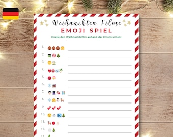 May include: A printable Christmas movie emoji game with a red and white striped border. The game instructs players to guess the Christmas movie based on the emojis listed. The emojis include a nutcracker, a snowman, a Christmas tree, a heart, a snowflake, a reindeer, and more.