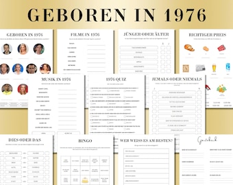 May include: A collection of printable party games and activities with the text "GEBOREN IN 1976" at the top. The games include quizzes, bingo, and guest book pages, all with a vintage theme.