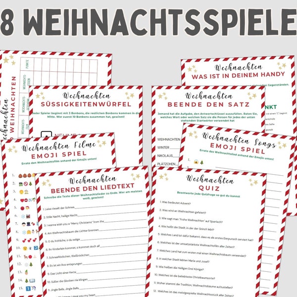 Weihnachten Spiel, 8 Familienspiele, Familien Party Spiel, druckbares Weihnachtsfeier Spiel deutsch, Lustiges Weihnachtsspiel in PDF