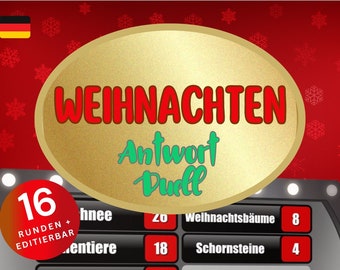 May include: A red and gold game board with the text "WEIHNACHTEN Antwort Duell" in a gold oval. The board has 16 rounds and is editable. The game board has categories like "Weihnachtsbäume", "Schornsteine", and "hnee".