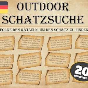 Treasure hunt for children, outdoor scavenger hunt template as PDF, ideal for every child's birthday party, tasks, puzzles for printing in German