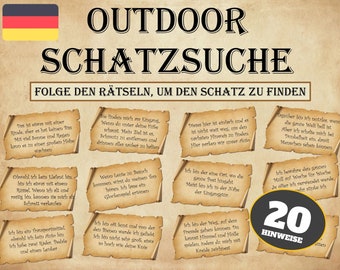 Schatzsuche für Kinder, im Freien Schnitzeljagd Vorlage als PDF, Ideal für jeden Kindergeburtstag, Aufgaben, Rätsel zum Ausdrucken deutsch