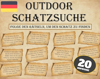 Treasure hunt for children, outdoor scavenger hunt template as PDF, ideal for every child&#39;s birthday party, tasks, puzzles for printing in German