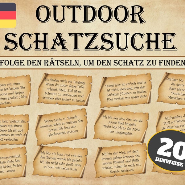 Schatzsuche für Kinder, im Freien Schnitzeljagd Vorlage als PDF, Ideal für jeden Kindergeburtstag, Aufgaben, Rätsel zum Ausdrucken deutsch