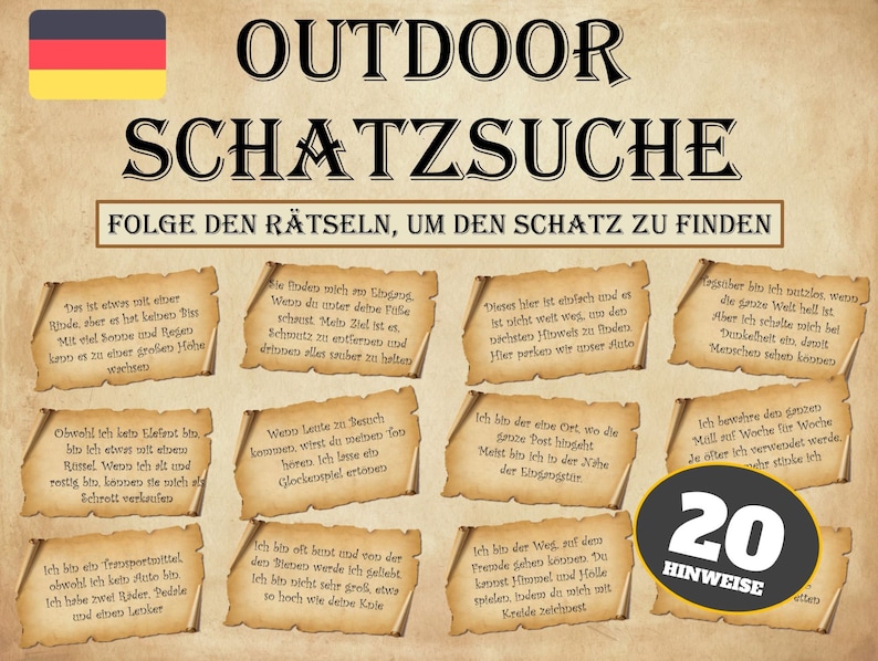 Schatzsuche für Kinder, im Freien Schnitzeljagd Vorlage als PDF, Ideal