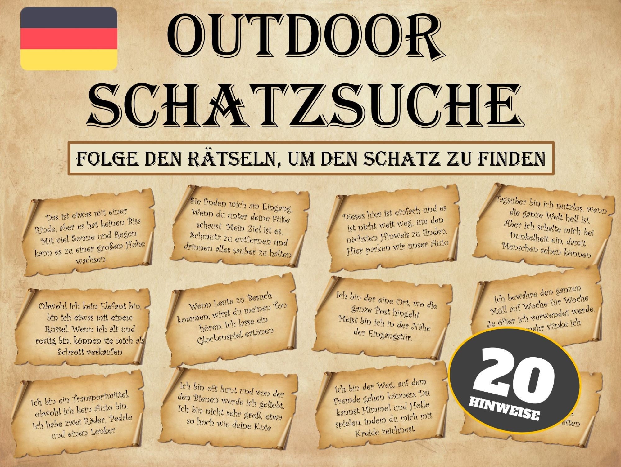 Schatzsuche für Kinder, im Freien Schnitzeljagd Vorlage als PDF, Ideal