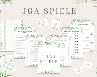 JGA-spellenset voor vrouwen, 11 bewerkbare JGA-spellen, aanpasbaar vrijgezellenfeestspel, bruidsdouche, sjabloon in DIN A4