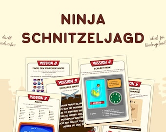 Búsqueda del tesoro ninja para niños, búsqueda del tesoro para niños, idea para fiesta de cumpleaños infantil, sala de escape para niños, rompecabezas y preguntas en PDF