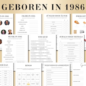 Puede incluir: Un conjunto de hojas de juego imprimibles con el título "GEBOREN IN 1986" en negro. Las hojas incluyen cuestionarios sobre películas, música y otros temas de 1986, con espacios para respuestas y un libro de visitas.