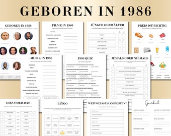 May include: A collection of printable game sheets with the title "GEBOREN IN 1986" in large black letters. The sheets include trivia about movies, music, and other topics from 1986, with spaces for answers and a guest book.