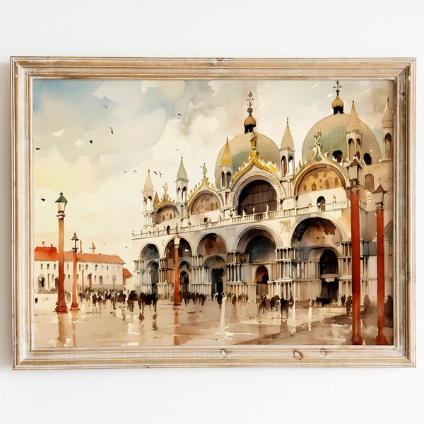 Venice St Mark square watercolor painting, Venice cityscape art print, Souvenir printable wall art, Instant Digital Download