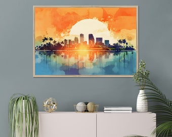 Miami Skyline Watercolor Painting: Sunset Cityscape Framed Canvas