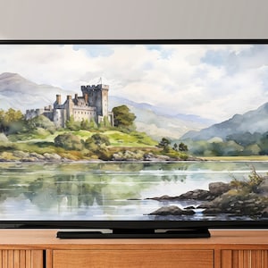 8K Scottish medieval castle Samsung Frame TV Art, Watercolor Landscape Art For Frame Tv, LG tv, Scotland Painting, Instant Digital download