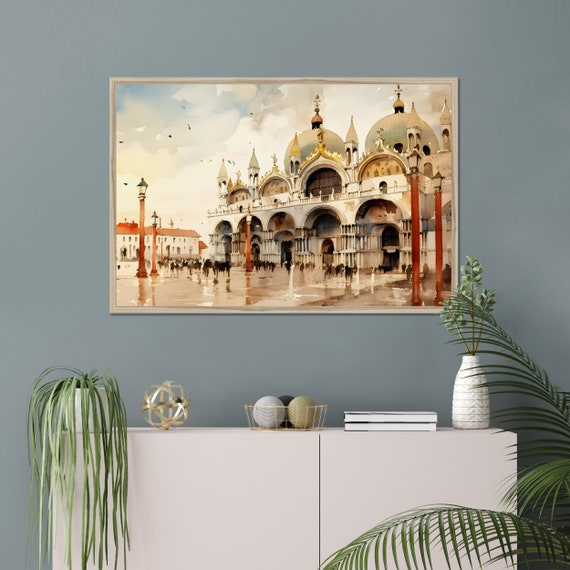 ヴェネツィアのサンマルコ広場の水彩画、イタリアの街並みの額