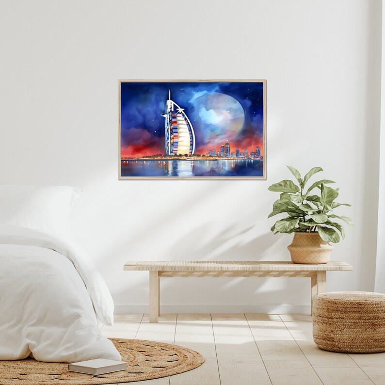 Dubai Burj Al Watercolor Painting, UAE Cityscape Framed Canvas, Dubai at Night Wall Decor Art