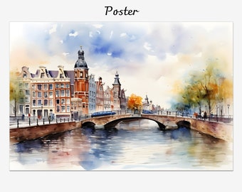 Amsterdam canals watercolor painting, cityscape framed canvas, Netherlands wall decor art, Giclée printed souvenir, Amsterdam framed poster