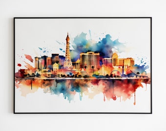 Puede incluir: Pintura de acuarela del horizonte de Las Vegas con un esquema de color azul, verde y naranja. La pintura presenta la réplica de la Torre Eiffel, la noria de observación High Roller y otros edificios. La pintura tiene un efecto de salpicadura de acuarela.