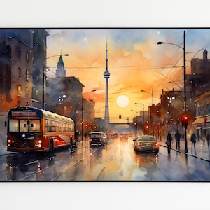 Toronto sunset watercolor painting, Canadian street wall art, Toronto souvenir, Printable art, Canada art instant download