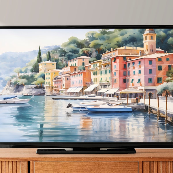 8K Portofino Samsung Frame TV Art, Watercolor Italian cityscape Art For Frame Tv, Liguria Souvenir LG tv painting, Instant download