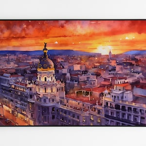 Madrid sunset watercolor painting, Spanish cityscape printable wall decor art, Spain capital art, Souvenir digital print, instant download