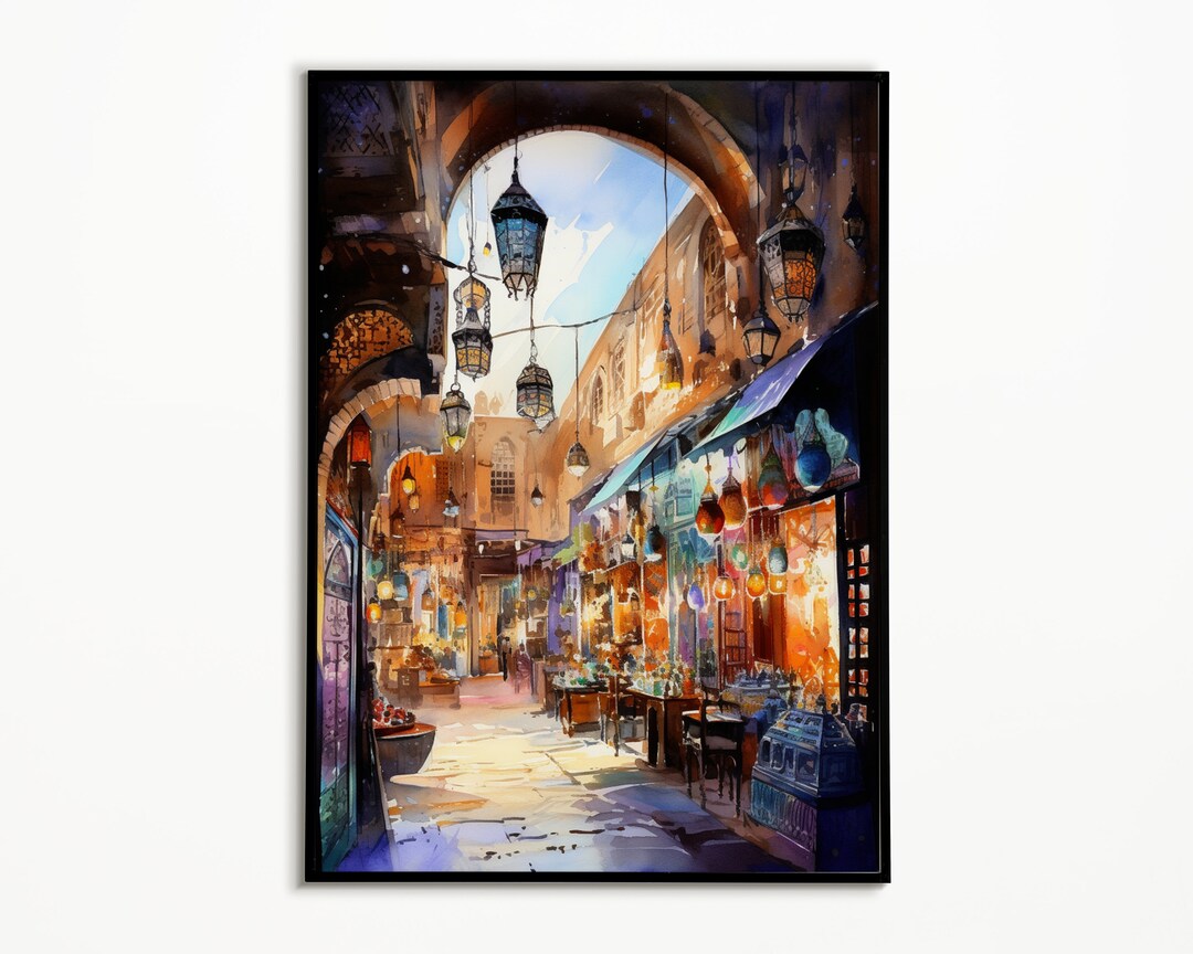 Dubai Souk Watercolor Painting, UAE Cityscape Wall Art, Dubai Market