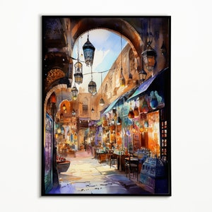 May include: A watercolor painting of a narrow street in a Middle Eastern city. The street is lined with shops and stalls, and there are many colorful lanterns hanging overhead. The street is bustling with people, and there is a sense of energy and excitement in the air.