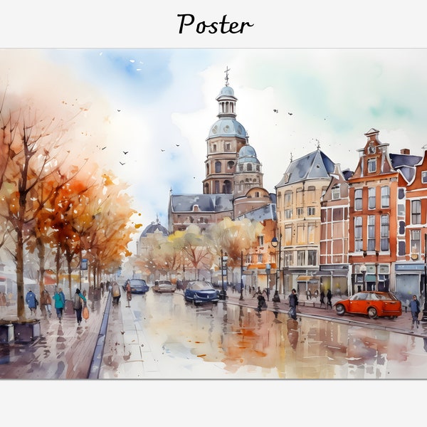 Watercolor Amsterdam Leidseplein Square painting, Netherlands cityscape framed canvas, souvenir wall decor art, Giclée printed framed poster