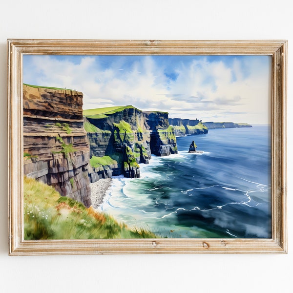 Ireland moher watercolor painting, Irish landscape printable wall decor art, Realistic natural digital print, Souvenir instant download