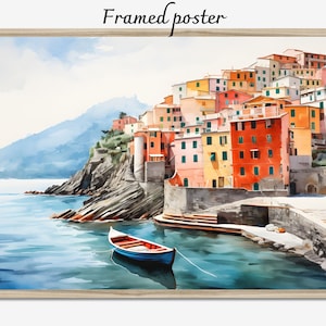 Cinque Terre watercolor painting, Five towns cityscape framed canvas, Liguria Italy souvenir wall decor art, Giclée printed souvenir