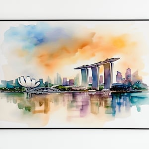 Singapore watercolor painting, Marina Bay skyline, city landscape, Watercolor wall decor art, Printable wall art, Digital Download
