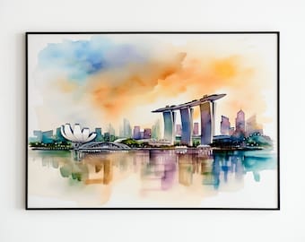 Singapur akwarela, panorama Marina Bay, krajobraz miasta, akwarela dekoracja ścienna, wydrukowana sztuka ścienna, pobieranie cyfrowe