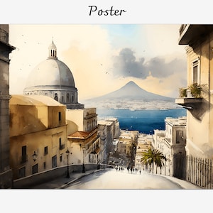 Naples street view watercolor painting,  city landscape framed canvas, Vesuvius wall decor art, Giclée printed souvenir, Framed poster