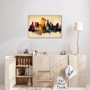 New York city skyline watercolor painting, NYC landscape framed canvas, American wall decor art, Giclée printed souvenir, Framed poster