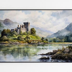 Scottish castle landscape watercolor painting, Scotland medieval printable wall decor art, Realistic natural digital print, instant download