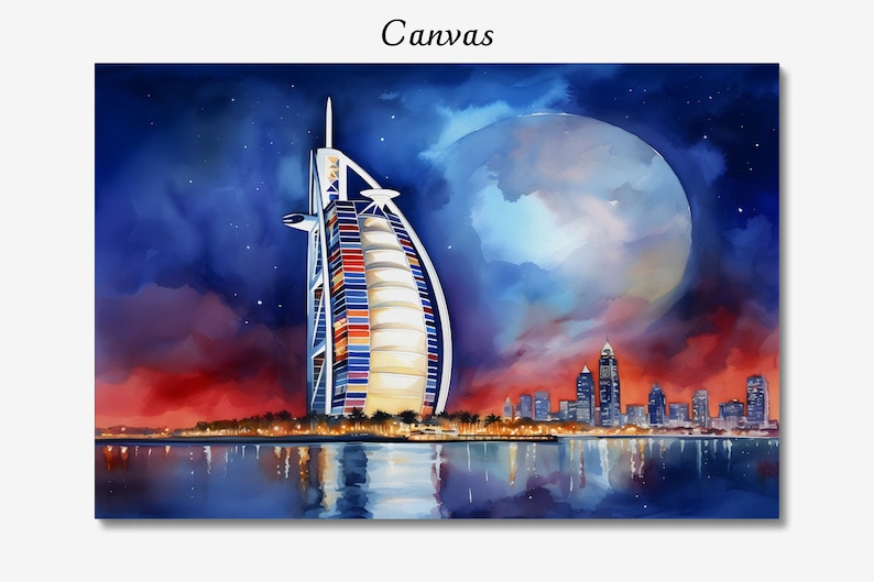 Dubai Burj Al Watercolor Painting, UAE Cityscape Framed Canvas, Dubai at Night Wall Decor Art