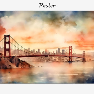 Golden gate watercolor painting, San Francisco bridge landscape framed canvas, Wall decor art, Giclée printed souvenir, Framed poster