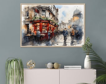 Dublin street pubs  watercolor painting, Ireland cityscape framed canvas, Irish pub souvenir wall decor art, Giclée framed poster