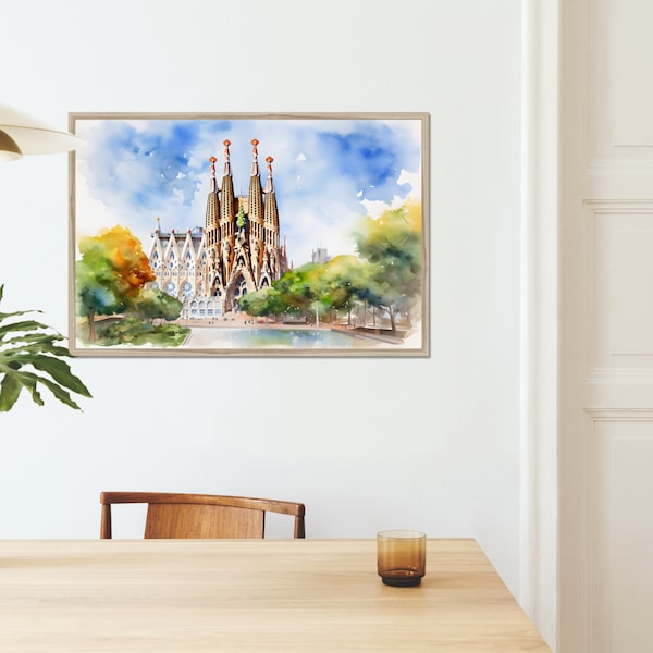 Barcelona Sagrada Familia watercolor painting, Spanish cityscape framed canvas, Catalonia souvenir wall decor art, Giclée printed souvenir