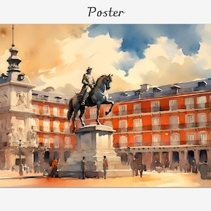 Madrid Plaza Mayor watercolor painting, Spanish cityscape framed canvas, Spain wall decor art, Giclée printed souvenir, Framed poster