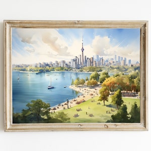 トロント アイランド パークの水彩画、カナダの壁画、トロントのお土産、印刷可能なアート、カナダのアートの即時ダウンロード