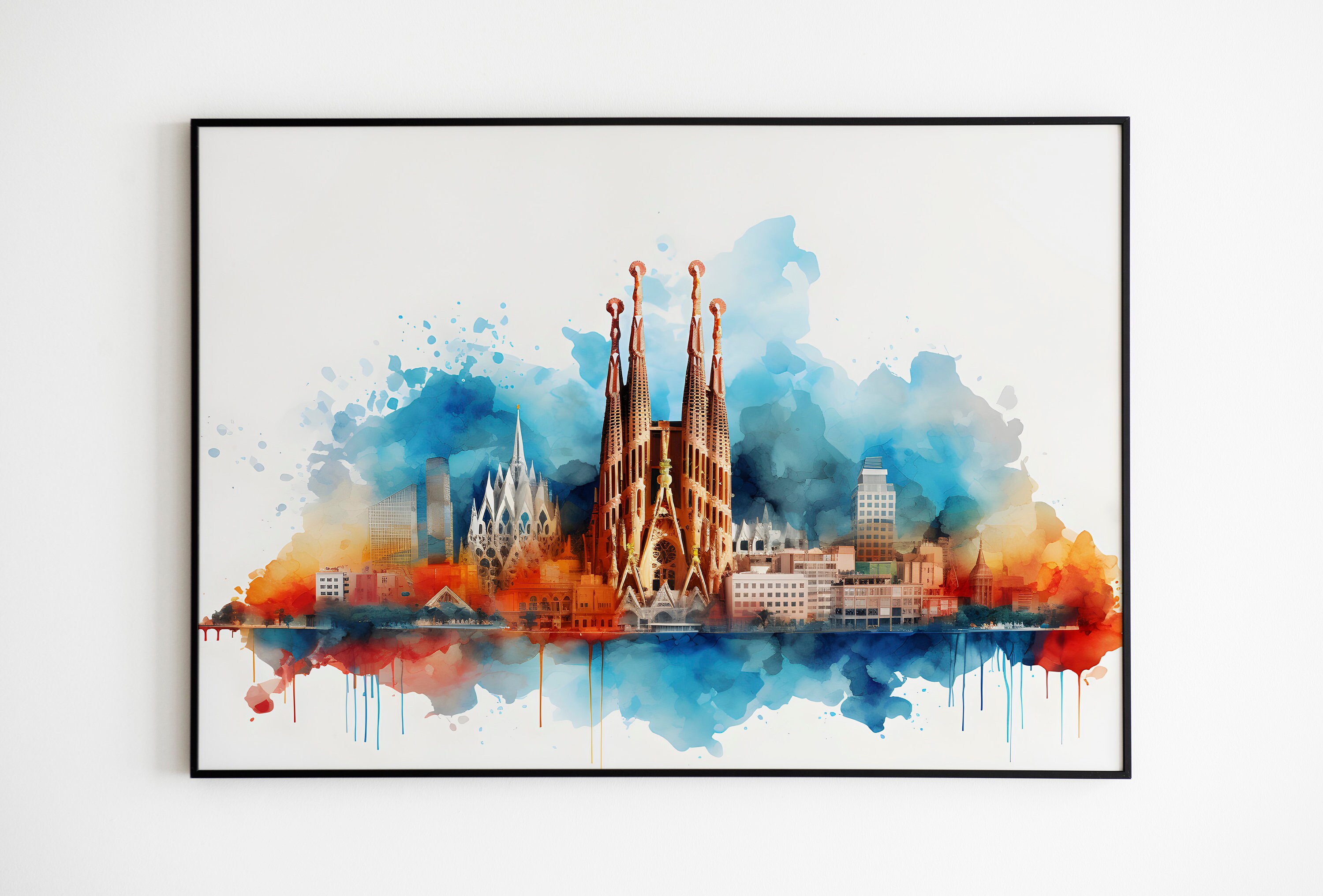 Obraz akwarelowy przedstawiający panoramę Barcelony, wydrukowany obraz ścienny z panoramą Katalonii, cyfrowy wydruk w języku hiszpańskim, natychmiastowe pobranie Sagrada Familia