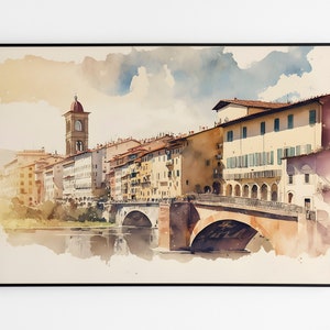 Florence Lungarno watercolor painting, Italian city landscape street, Florence souvenir Printable wall art, Instant digital download