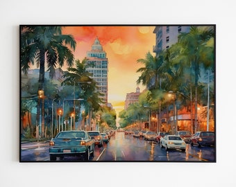 Miami Streets Watercolor Painting: Sunset Cityscape Art (Digital Download)